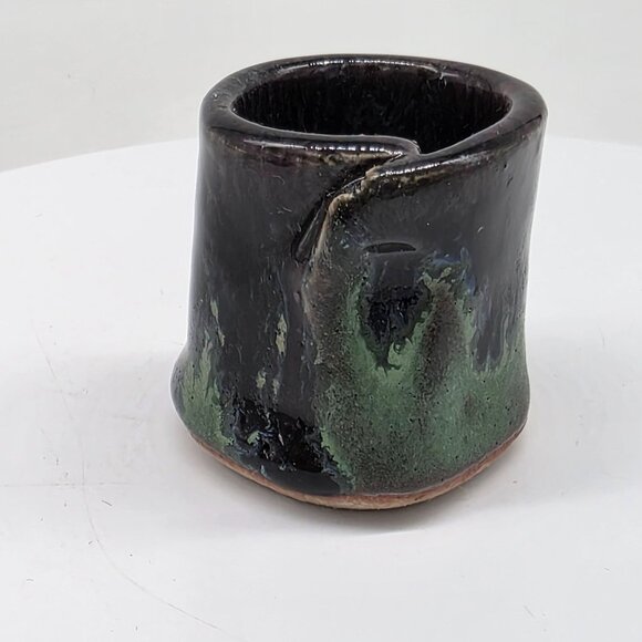 Handmade Black & Green Ceramic Toothpick Holder Signed Studio Pottery 2" - Picture 2 of 6